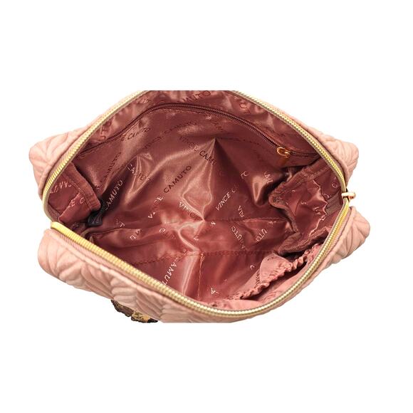 Vince Camuto Rose Gold Pink Quilted Cosmetic Bag Gold Zipper Clean - Picture 2 of 6